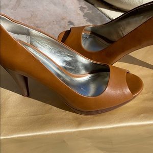 Style&Co. , brown leather peep toe heels